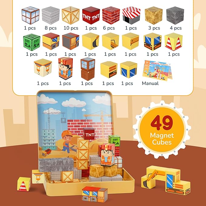 49PCS Mini Magnetic Blocks Construction Set – STEM Building Toys for Toddlers, Travel Magnet Cubes with Portable Iron Box, Creative 3D Construction Play for Kids Ages 3–8, Boys & Girls
