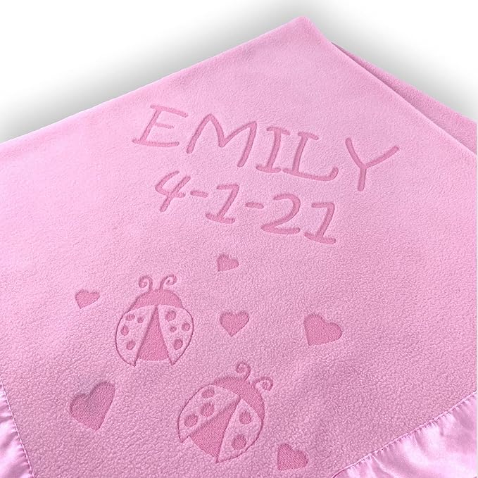 Custom Catch Personalized Girl Pink Baby Blanket Gift with Flower, Ladybug, Bee or Butterfly