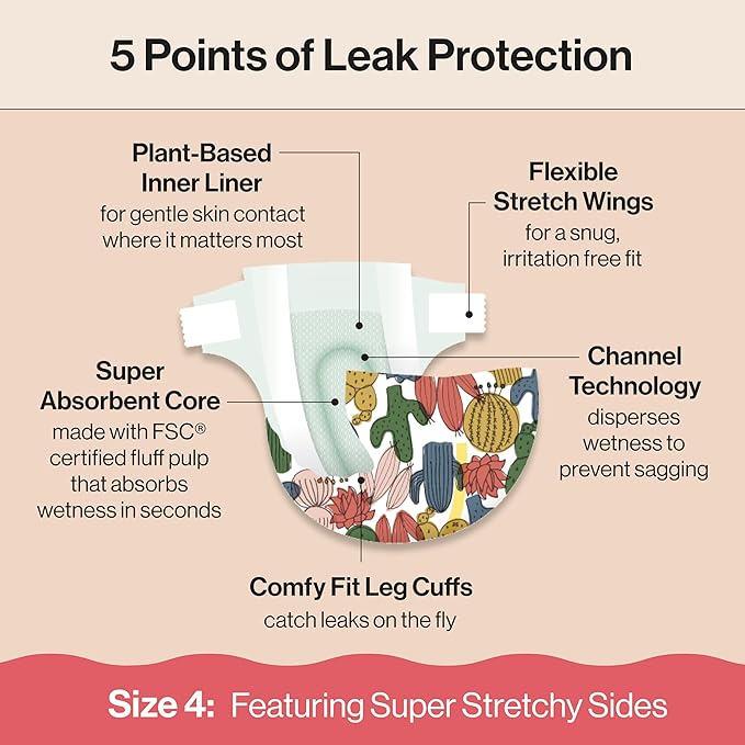 The Honest Company Clean Conscious Diapers for Delicate Skin | Up to 100% Leakproof | Hypoallergenic, Fragrance Free | Gender Neutral | Super Club Box, Size 4 (22-37 lbs), 104 Count (Prints May Vary)