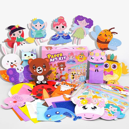 DINSUMRUG 20 Animal Arts & Crafts Kit for Kids 4-6, All-Inclusive Toddler Craft Box with Paper Plates, Puppets, Fun Activities, Tigers, Lions (134 Characters) (Princess)