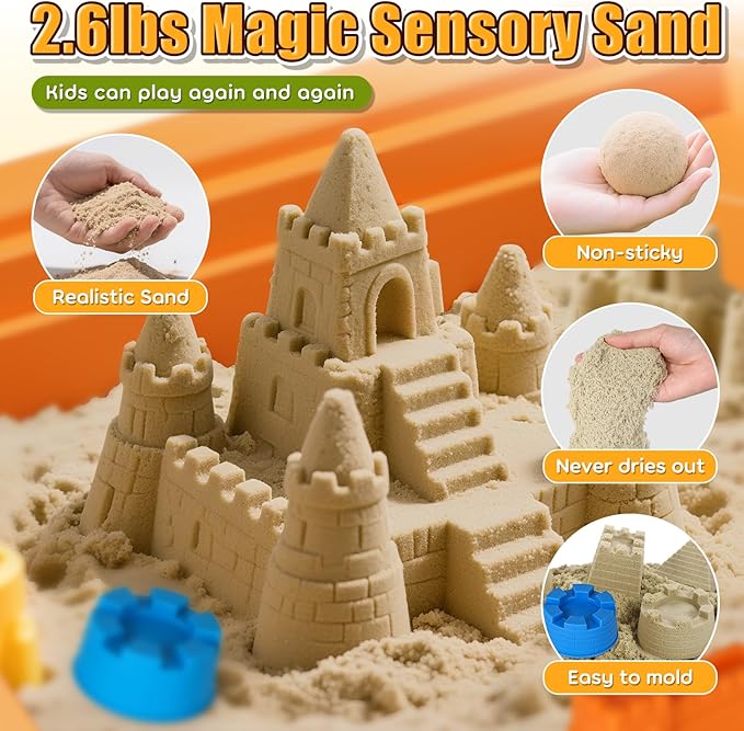 Lehoo Castle Sensory Table with Sensory Sand, Sensory Bin with Lid & 2.6lbs Play Sand, Construction Kit with 6 Alloy Trucks & Castle Molds, Sensory Toys for Toddler Boys and Girls