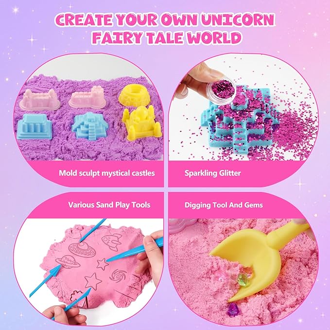 MYDOVA Unicorn Sensory Bin for Girls, Magic Sand Sensory Bin Art Kit for Boys and Girl with Sandbox, Castle Molds, 2.18lb 3 Color Sand, Unicorn Toy Kits Christmas Birthday Gift for Toddler Ages 3+