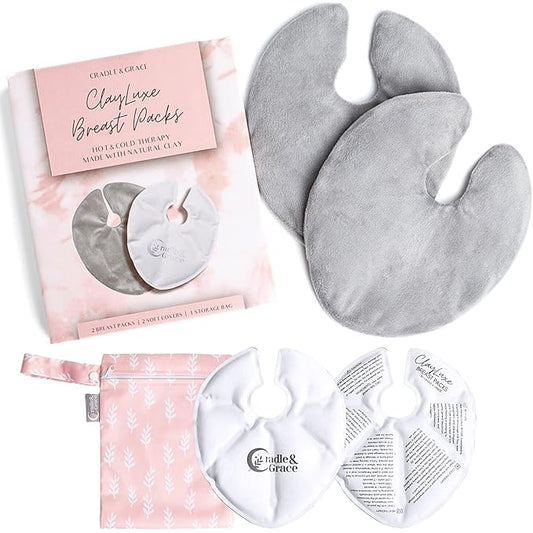 Cradle & Grace ClayLuxe Breast Therapy Packs, Natural Clay Hot & Cold Breast Pads with Covers & Bag, Reusable Breast Ice Packs for Mom's Breastfeeding Essentials