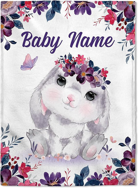FLOCHIL Personalized Baby Blanket for Girls, Custom Baby Blanket with Name, Customized Baby Products, Gift for Baby, Newborn, Baby Shower (Bunny 2)