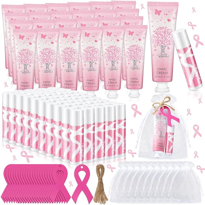 24sets/96pcs Breast Cancer Awareness Gifts Bulk Breast Cancer Lip Balm and Hand Cream Gift for Women Pink Ribbon Travel Size Hand Lotion and Lip Balm Bulk with Organza Bags Tags