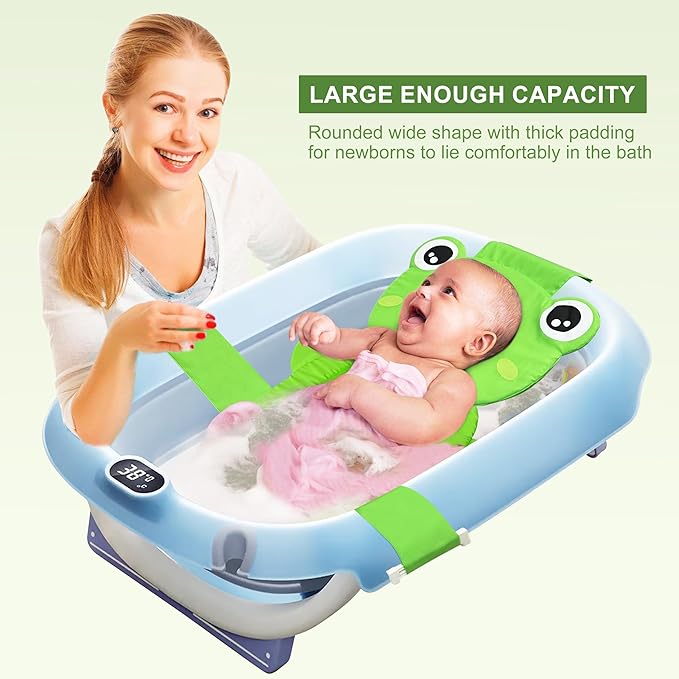 Baby Bath Seat Support Net, Quick Drying, Adjustable, Comfortable, Non-Slip, Infant Bathtub Sling Shower Mesh for a Tub, Soft Newborn Bath Mat (Green Frog)