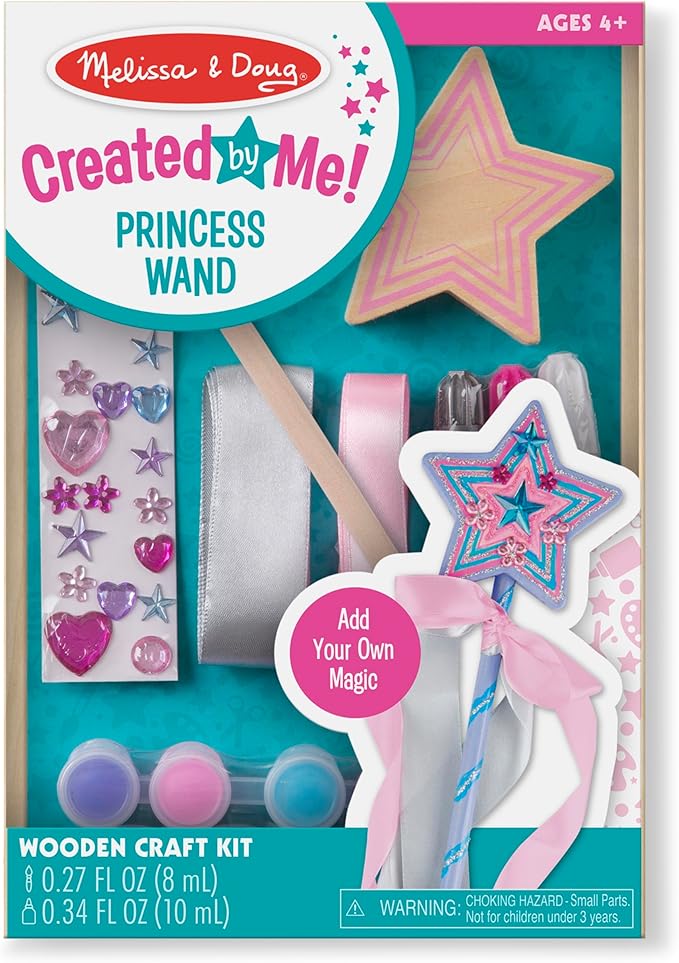 Melissa & Doug Created by Me! Wooden Princess Wand, Arts & Crafts Kit with Paint, Glitter Stickers, Ribbons & More, Princess Toys for Kids 4+