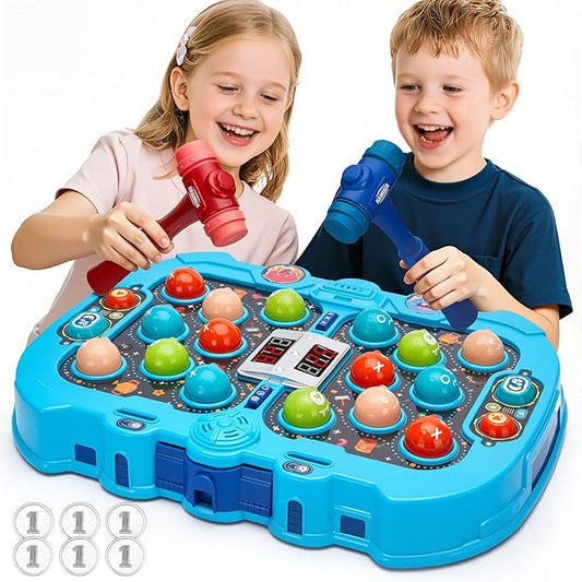 Whack a mole Game for 3 4 5 6+ Year Old Boys, Interactive Pounding Bench with 9 Speed Levels, Interactive Educational Toy with Sound and Light,PK Mode with 2 Hammers