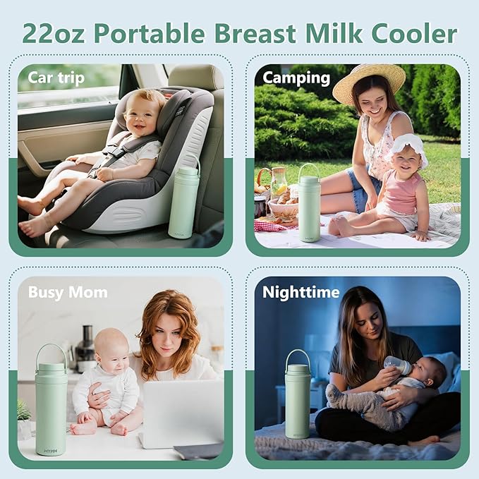 MYPIN 22oz Portable Breast Milk Cooler for Outdoor, 360° Cooling Tubes for 24 Hours with 2pcs Baby Bottles Reusable Storage Container, Larger Capacity Stainless Steel Travel Breastmilk Chiller