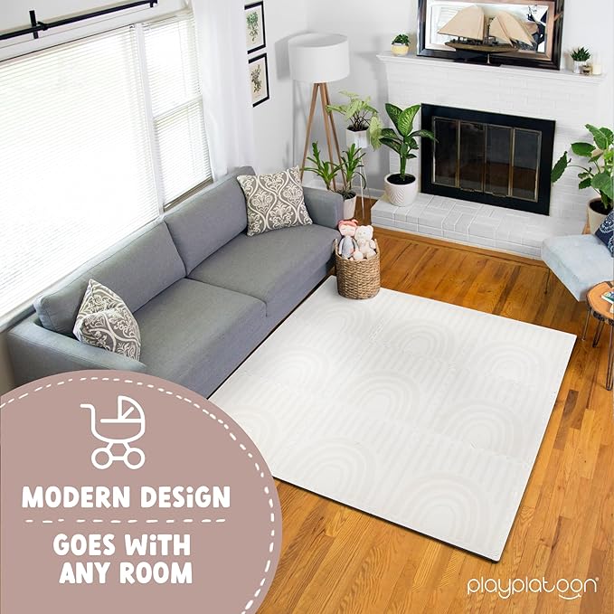 Play Platoon Non-Toxic Large Kids Play Mats for Floors, 9 Tile 72 x 72 inch - Extra-Thick Interlocking Comfortable Cushiony 24 x 24 in. Puzzle Mat with Border, Neutral Playmat Rug for Toddlers