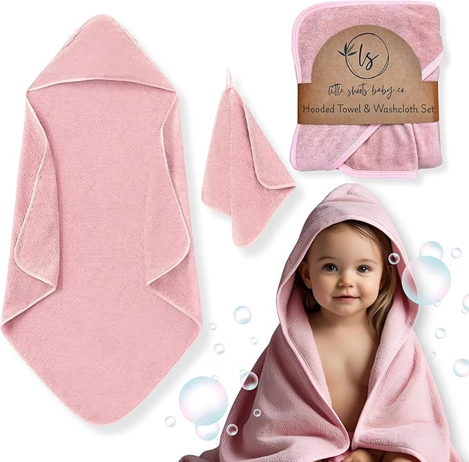 Hooded Baby Toddler Towel and Washcloth Set Made with Viscose from Bamboo, Large Size of 35" x 35", Soft and Absorbent, Baby Essential in Rose