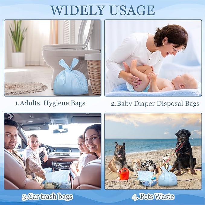 200 Count Ocean Water Scented Small Trash Bags Small Diaper Baggies for Adult Briefs Feminine Hygiene Baby Diaper Disposable Bags Pet Waste Sacks with Easy-to-tie Tabs