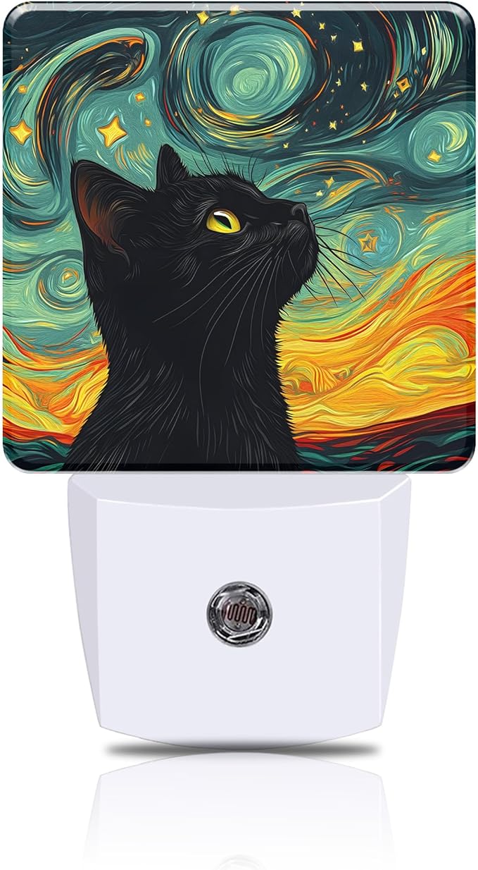 Starry Night Night Light Black Cat Watching Stars Night Lights Plug into Wall Smart Dusk to Dawn Sensor 0.5W Energy Efficient Led Lamp for Men Women Bedroom Bathroom Hallway Stairway Decor