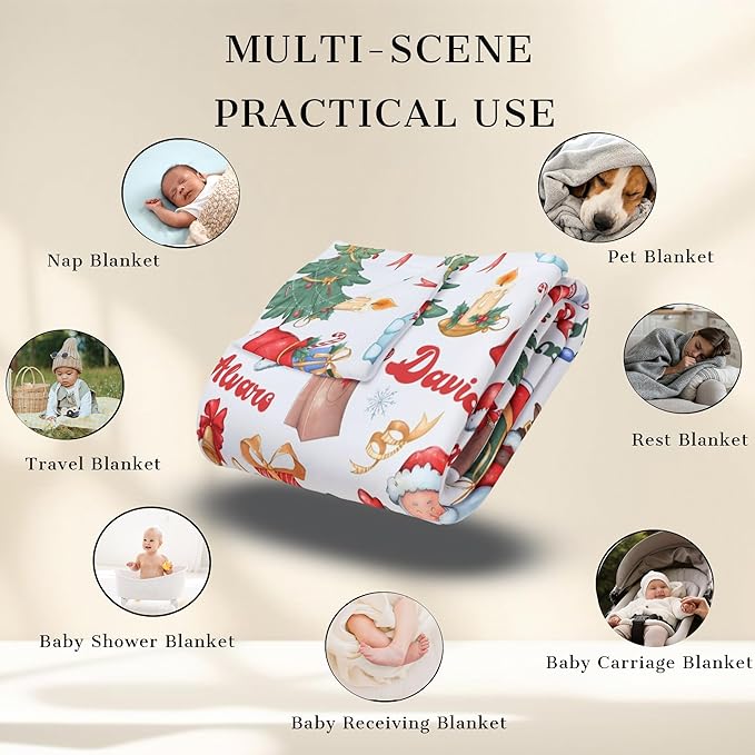 Ship Next Day - Custom Christmas Baby Blanket with Name | Multiple Styles Optional, Personalized Flannel Toddler Blanket, Christmas Swaddle for Boys & Girls, Xmas Decor Throw