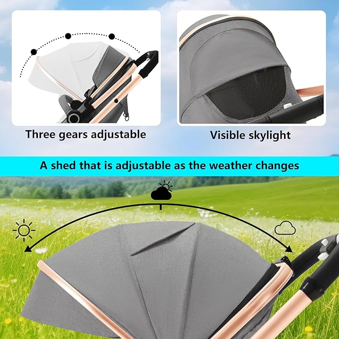 Kinder King 2 in 1 Convertible Baby Stroller, Folding High Landscape Infant Carriage, Newborn Reversible Pram, Adjustable Canopy, Diaper Bag, Anti-Shock Toddler Pushchair Stroller, Gold