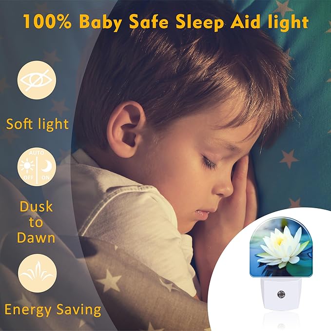 White Lotus Flower Night Light Plug into Wall, Beautiful Lotus in Pond Dusk to Dawn Night Light Plug in,0.5w Energy Saving Sleep Friendly NightLight for Kids Boys Girls Home Decor