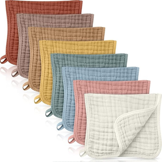 8 Packs Muslin Burp Cloths 6 Layers Unisex Baby Items Absorbent Burp Rags Colorful Muslin Washcloths for Baby Plain Soft Cotton Cloth for Babies Girls Boys, 10 x 20 Inch (Modern Colors)