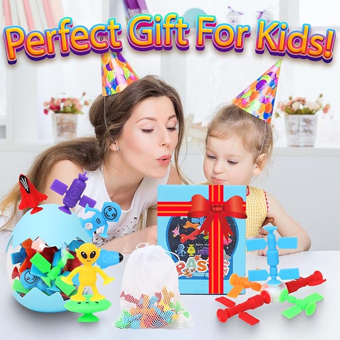 Suction Bath Toys for Kids, 20 Pcs No Hole Outer Space Bath Toy with Eggshell & Bag, Silicone Suction Cup Toys, Sensory Window Building Toys for Toddlers Boys Girls 3 4 5 6 Year Old