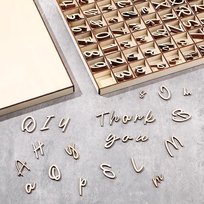 Geelin 248 Pcs 1 Inch Wood Alphabet Letters Numbers with Storage Box Blank Unfinished Wooden Letters Numbers with Rustic Storage Tray for Spelling Learning Education DIY Crafts(Rollerscript)