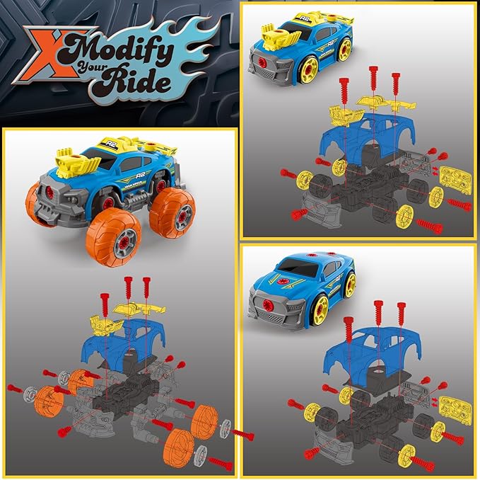 3-in-1 Construction Car for Boys Ages 3+ Years Old, Take Apart Car with Electric Drill, 46 Pcs Cars Building Kit, Build Your Own Toy Cars with Tools, Ideal STEM Present for Kids Children(Blue)