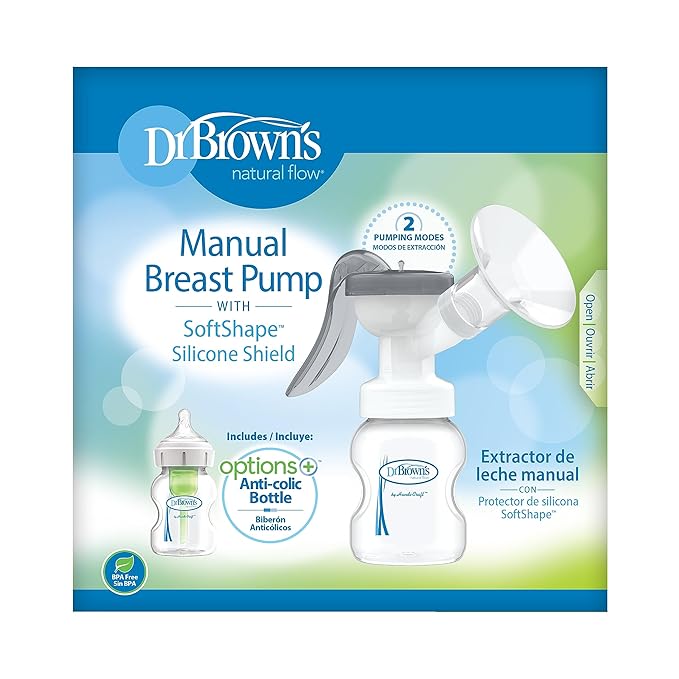 Dr. Brown's Manual Breast Pump with SoftShape 100% Silicone Shield (B,25mm flange) & Anti-Colic Options+ Wide-Neck Baby Bottle 5 oz/150 mL,with Level 1 Slow Flow Nipple