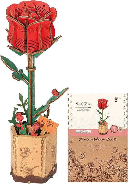 3D Flower Wooden Puzzles for Adults-Red Rose, DIY Wooden Flowers Model Kit Building Set Crafts for Adults to Build, Botanical Collection/Ideal Creative Gift Ideas/Housewarming (106PCS)