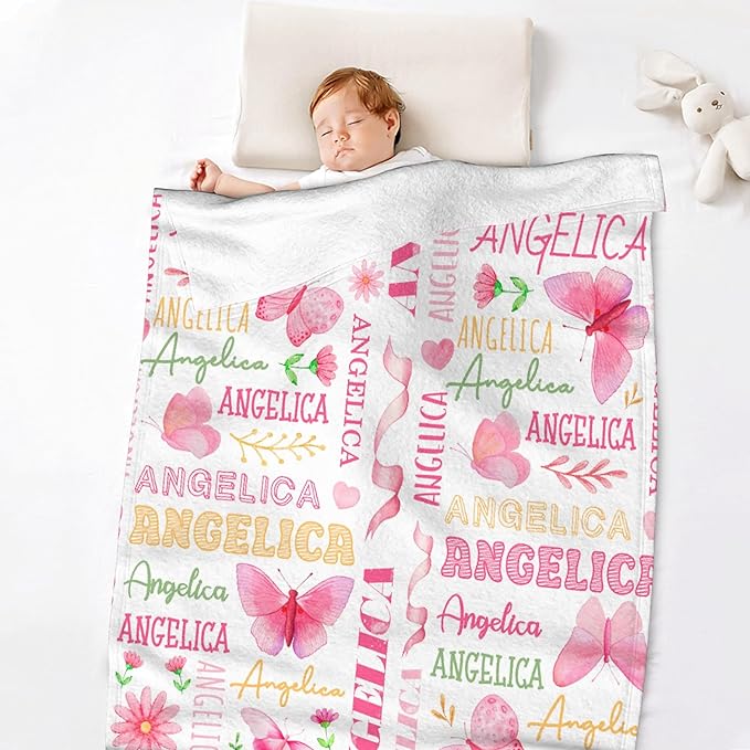 Personalized Baby Blanket for Girls Boys Butterfly Custom Baby Blanket with Name Swaddle Blanket for Toddlers Infants Kids Shower Newborns Nursery Stroller Crib Decor Throw Birthday Gift