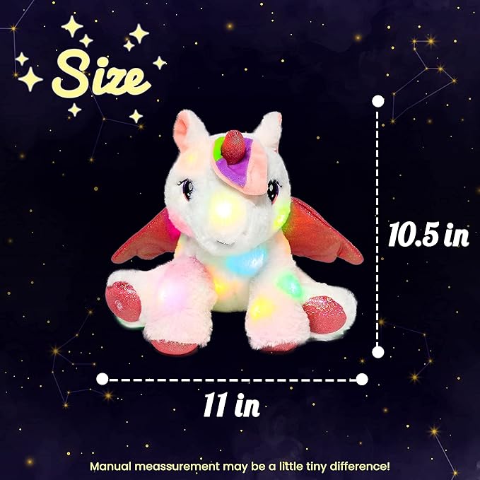 Hopearl Adorable LED Plush Unicorn Lighting Up Cute Stuffed Animal Floppy Night Lights Glow in The Dark Birthday Festival for Kids Toddler Girls, White, 11''