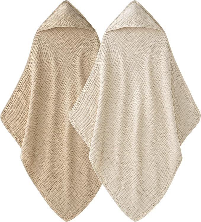 Hooded Baby Towels for Newborn - 2 Pack, 100% Muslin Cotton, Baby Bath Towels with Hood, Soft and Absorbent for Boys, Girls Infant, Toddler and Kids, Large 32x32 Inches, Newborn Essential