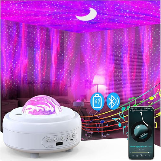 Star Projector with Bluetooth Speaker, 1800mAh Battery Operated Night Light Galaxy Projector, Northern Lights Aurora Projector with Moon, Mood Ambient Lighting for Bedroom Kids Girls Adults