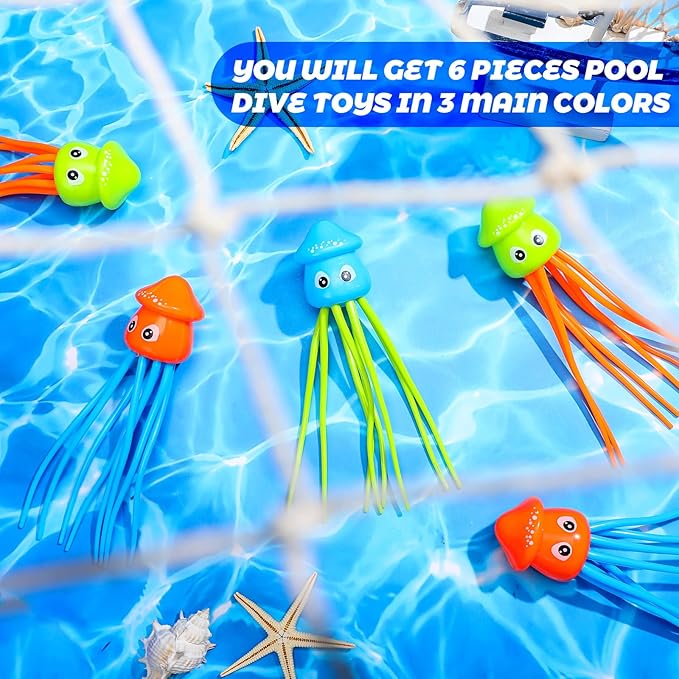 Leitee 6 Pcs Octopus Bath Toys Squid Swimming Pool Dive Toys Sensory Stress Relief Cute Pool Diving Toys for Summer Tub Bathtub Water Goodie Bag Fillers, 3 Styles
