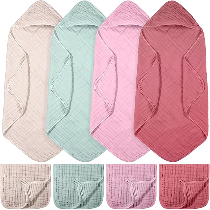 VitalCozy 8 Pcs Baby Muslin Hooded Bath Towels and Washcloths, 32 x 32 Inch Muslin Cotton Hooded Baby Towels Absorbent Blankets for Gift Newborn Infant Shower (Vivid Color)