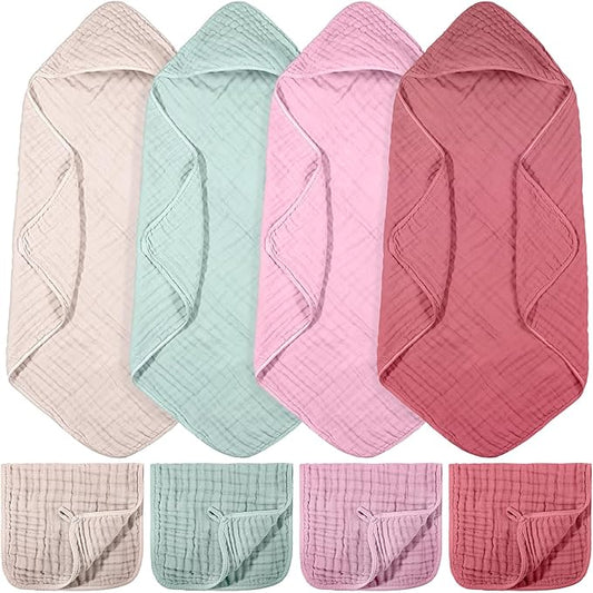 VitalCozy 8 Pcs Baby Muslin Hooded Bath Towels and Washcloths, 32 x 32 Inch Muslin Cotton Hooded Baby Towels Absorbent Blankets for Gift Newborn Infant Shower (Vivid Color)