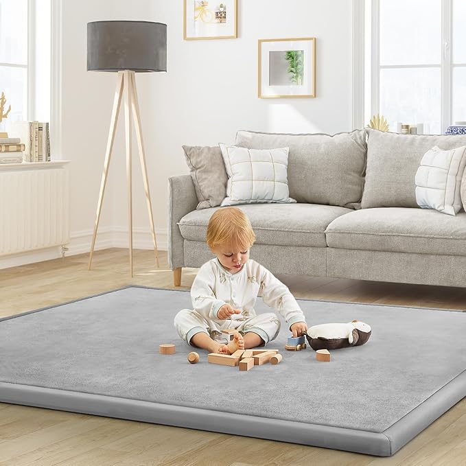 Baby Play Mat for Floor Tummy Time Mat Nursery Rug Muscle Area Rug Playroom Rug Tatami 74 * 50" Memory Foam 1.3" Thick Crawling For Babies,Toddlers, Infants, Kids,Floor(Light Gray)