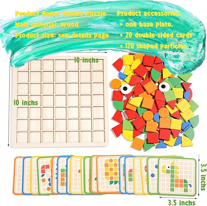 Mosaic Shape Wooden Pattern Blocks Puzzle, 120 PCS Wooden Pattern Blocks with 20 Pcs Design Cards,Kindergarten Classic Educational Geometric Shape Puzzle Toys for Kids Ages 4-8