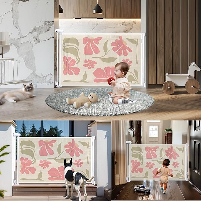 Retractable Baby Gate Child Safety 34" Tall x 55” Wide, Mesh, for Stairs, Doorways, Dogs, Pets, Indoor, Outdoor, One-Handed Operation, Locking, Easy Install, Hardware Mount, Flowers