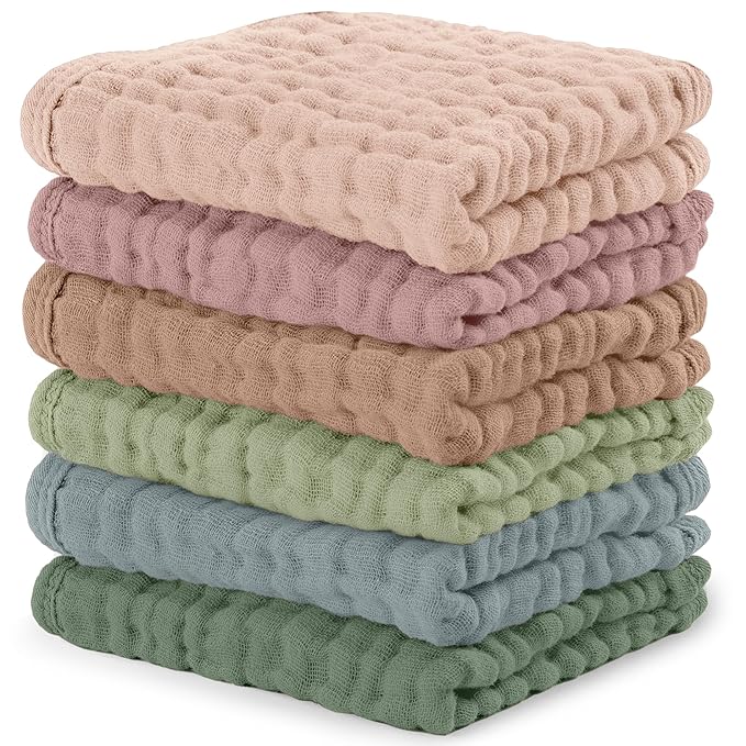 Comfy Cubs Muslin Baby Washcloths 6 Pack - Soft 6-Layer Cotton Wash Cloths for Sensitive Skin - 10"x10" Large, Gentle, Absorbent Infant Essentials for Newborn and Toddlers - Multicolor