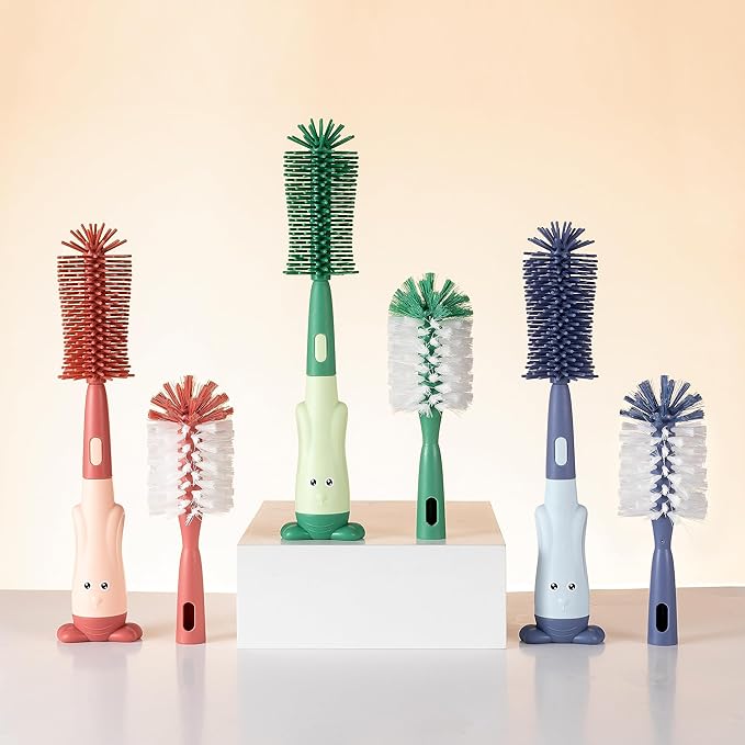 Chemimoso Cup Cleaning Brush, Silicone Baby Bottle Brush with Stand, Large Handle Water Bottle Brush Cleaner Set, with a Tiny Cup Lid Gap Cleaning Brush, Cup Lid Cleaner Brushes Kit, Green