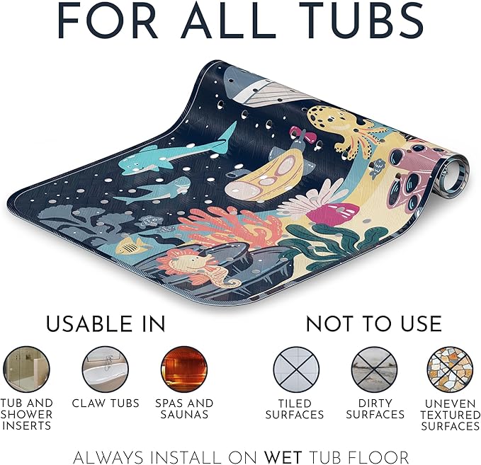 Homerella Baby Bath Tub Mat | Anti Mold Mildew Resistant Non Slip Kids and Adult Bath Tub Shower Mats | 40x16 inch Long with Suction Cups for Secure Grip Hooks for Storage & Drying | Machine Washable