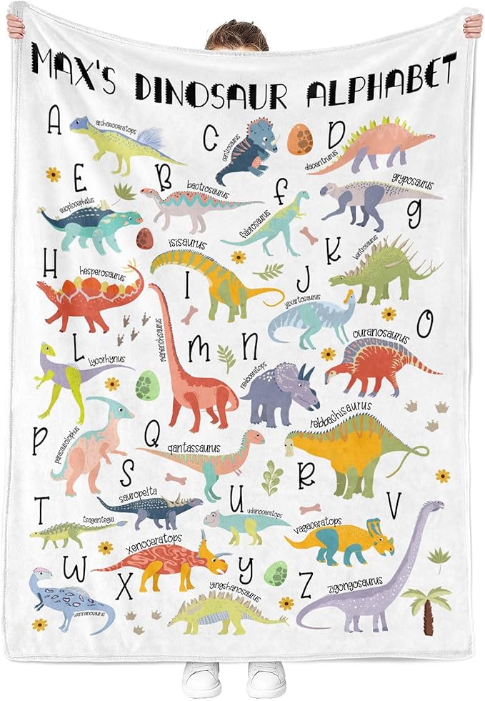 MDPrints Global Dinosaur Alphabet Personalized Baby Blanket, Custom Baby Gifts with Name, Newborn Swaddle Blanket, 30''x40''