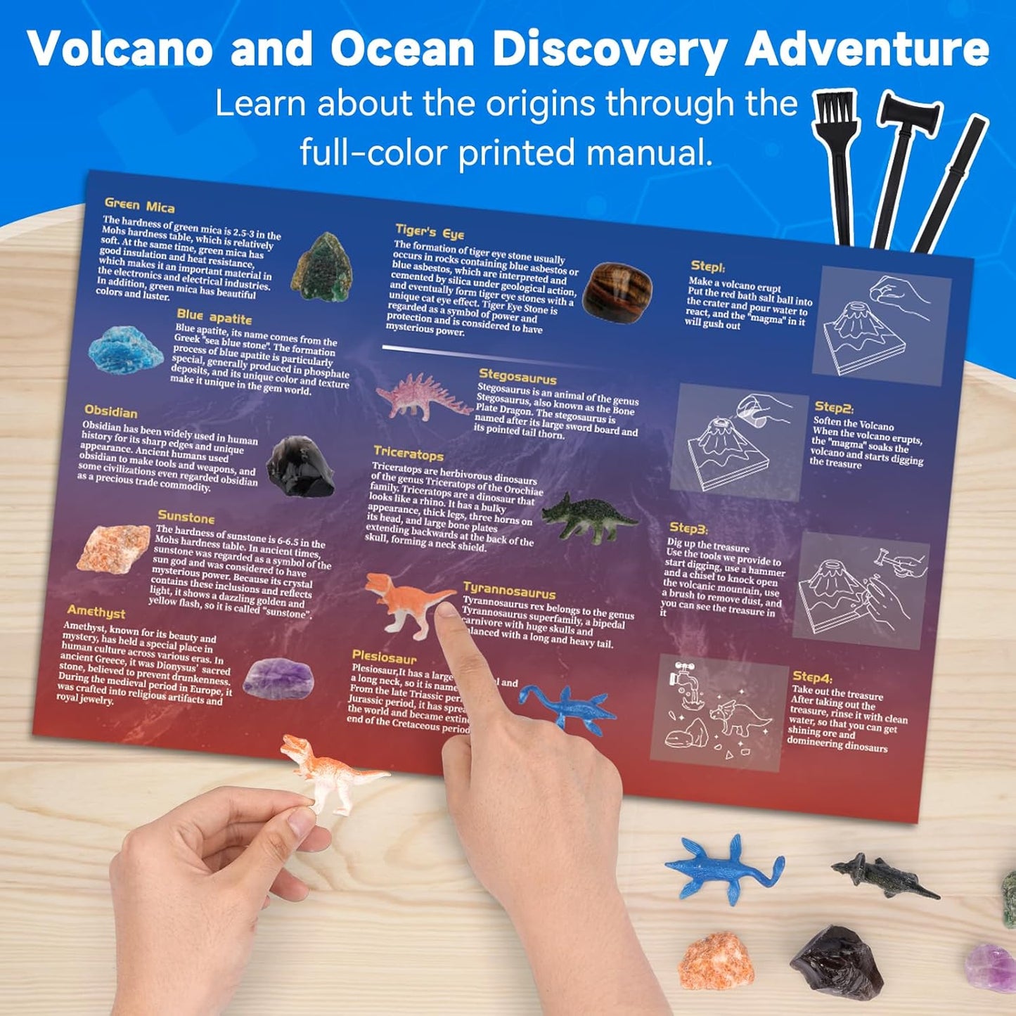 Volcano Science Kit - 6 Rocks Gemstone Excavation Kit, Dinosaur Fossil Digging Kit for Kids，Erupting Volcano Toy Rock Collections STEM Toys Gift for Boys & Girls