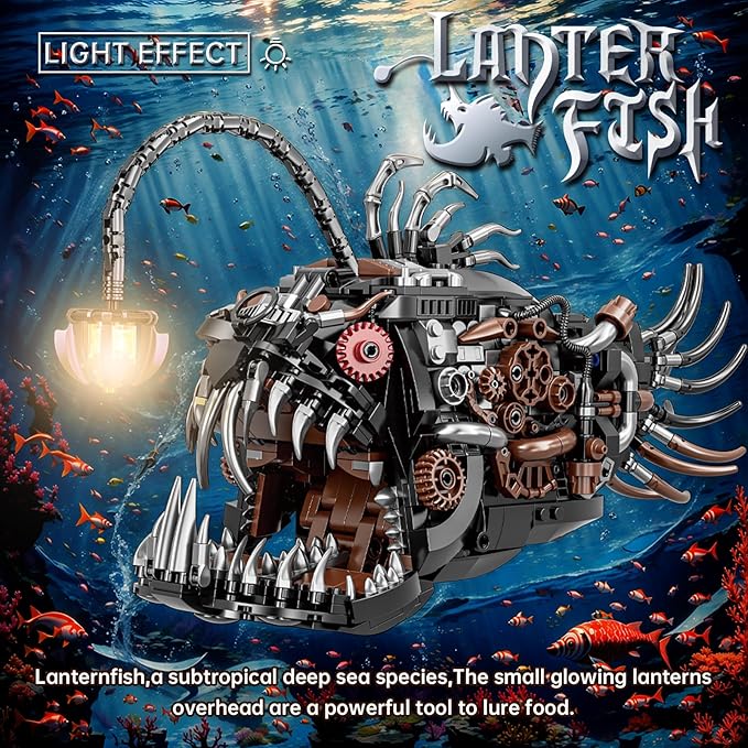Mechanical Lantern Fish Building Set,Sea Animal Building Block Toy,Home Decor Gift for for Adults and Kids 1038PCS ﻿