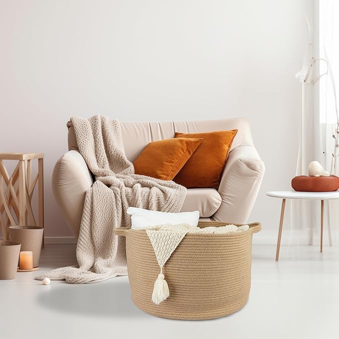 Large Jute Rope Storage Basket Blankets Basket Living Room 22"x12" Toy Baskets for Kids and Dogs Woven Laundry Baskets for Clothes Towels Baby Toy Storage