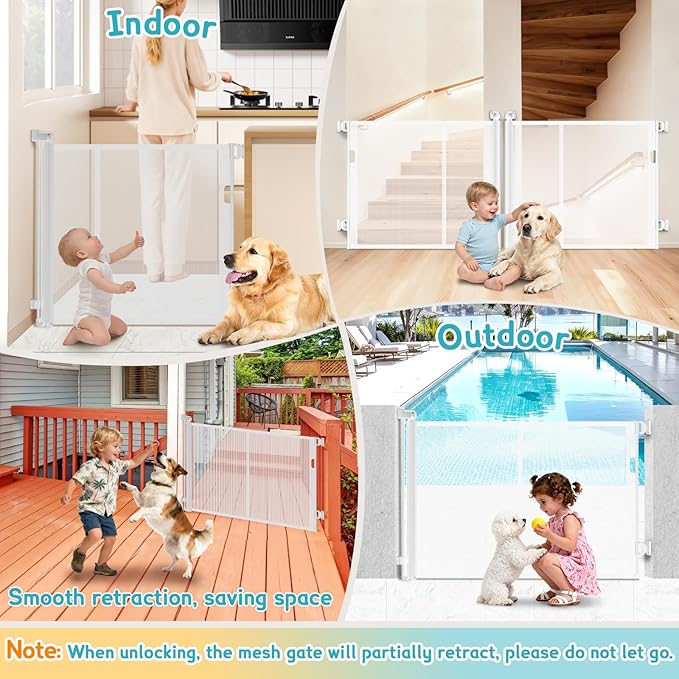 71'' Retractable Baby Gates Extra Wide for Stairs, 42" Tall White Mesh Dog Child Pet Safety Indoor Outdoor Retractable Gate for Doorways, House, Hallway, Deck with Reinforcement Strips