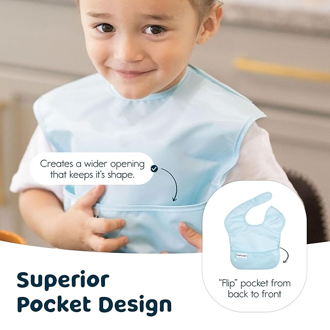Tiny Twinkle Mess Proof Baby Bibs for Eating – Waterproof, Wipeable Toddler Bibs with Pocket – Baby Food Bibs for Girls & Boys(3 Pack, Space)