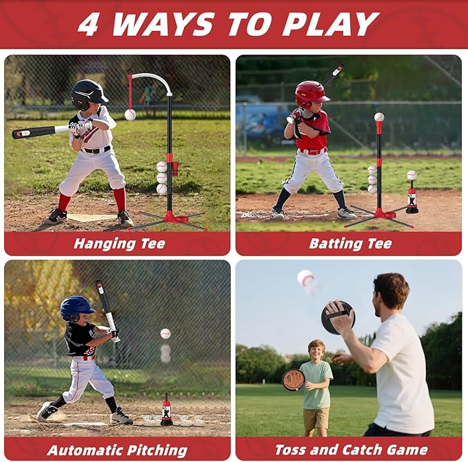 4 in 1 T-Ball Sets for Kids 3-5 with Toss and Catch Ball, Toddler Baseball with Auto Pitching Machine/6 Balls, Outdoor Sport Toys Gifts for Boys Girls