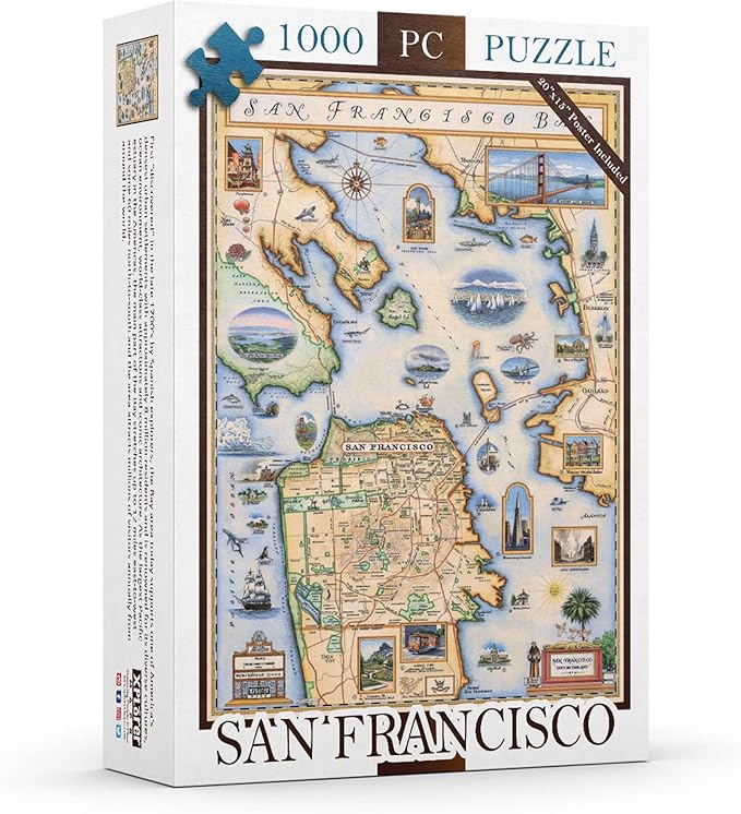 San Francisco Bay Map Cardboard Jigsaw Puzzle - 1000 Pieces, Hand-Illustrated - Educational, Family Activity, Ages 7+, Includes Poster - 25.4 x 19.8