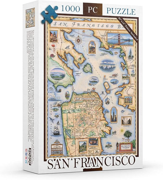 San Francisco Bay Map Cardboard Jigsaw Puzzle - 1000 Pieces, Hand-Illustrated - Educational, Family Activity, Ages 7+, Includes Poster - 25.4 x 19.8