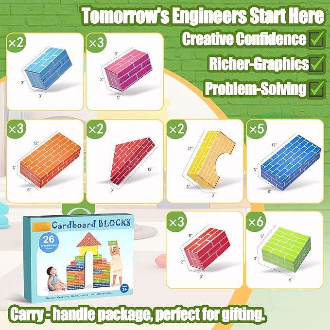 Cardboard Building Blocks for Kids 26pcs: Jumbo Gifts Heavy Duty Develop Creative Thinking Spatial Reasoning Easy to Assemble