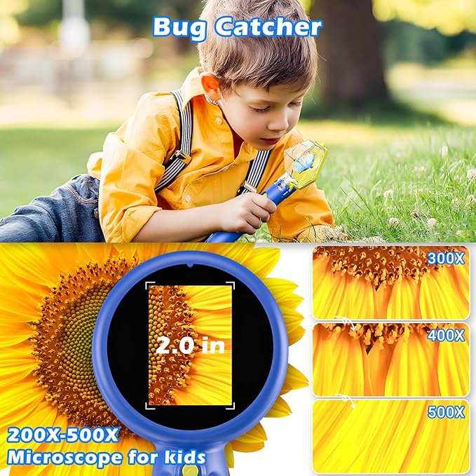 2 in 1 Kids Microscope with Bug Catcher,HD 500X Digital Microscope for Kids with 2" Screen,Photo and Video,STEM Educational Science Kit Learning Toys for Age 3-12 Girls & Boys Birthday Gifts (Blue)